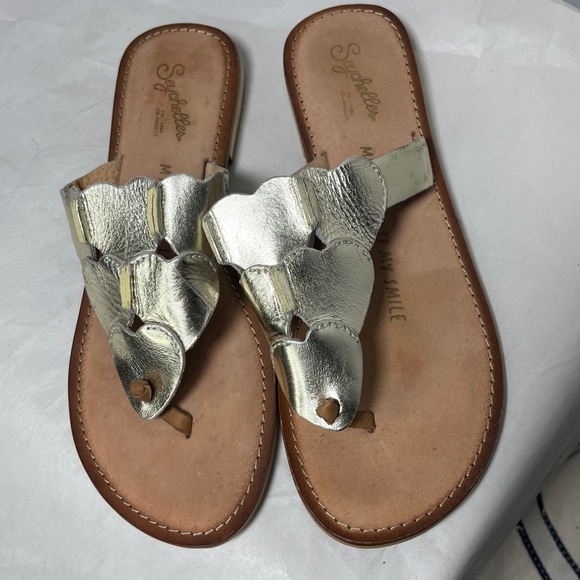 SEYCHELLES Rejuvenated Leather Gold Hearts Thong Flip Flop Sandal Size 8 - Picture 2 of 12